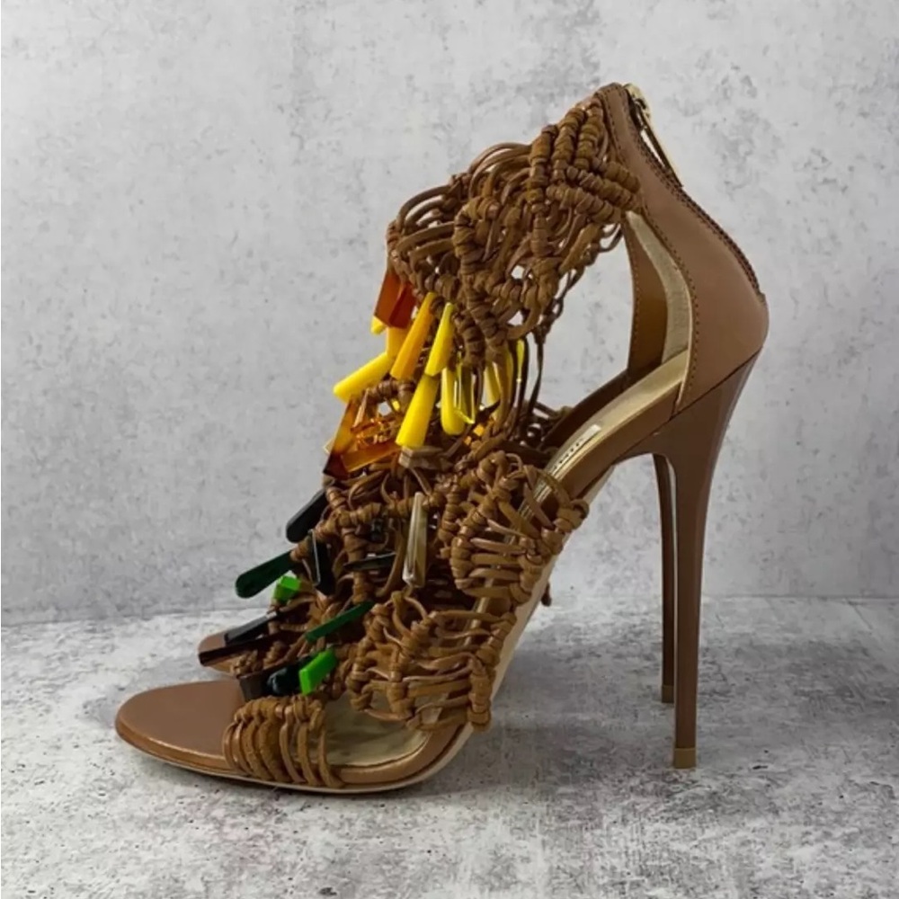JIMMY CHOO BEADED WOVEN LEATHER SANDALS